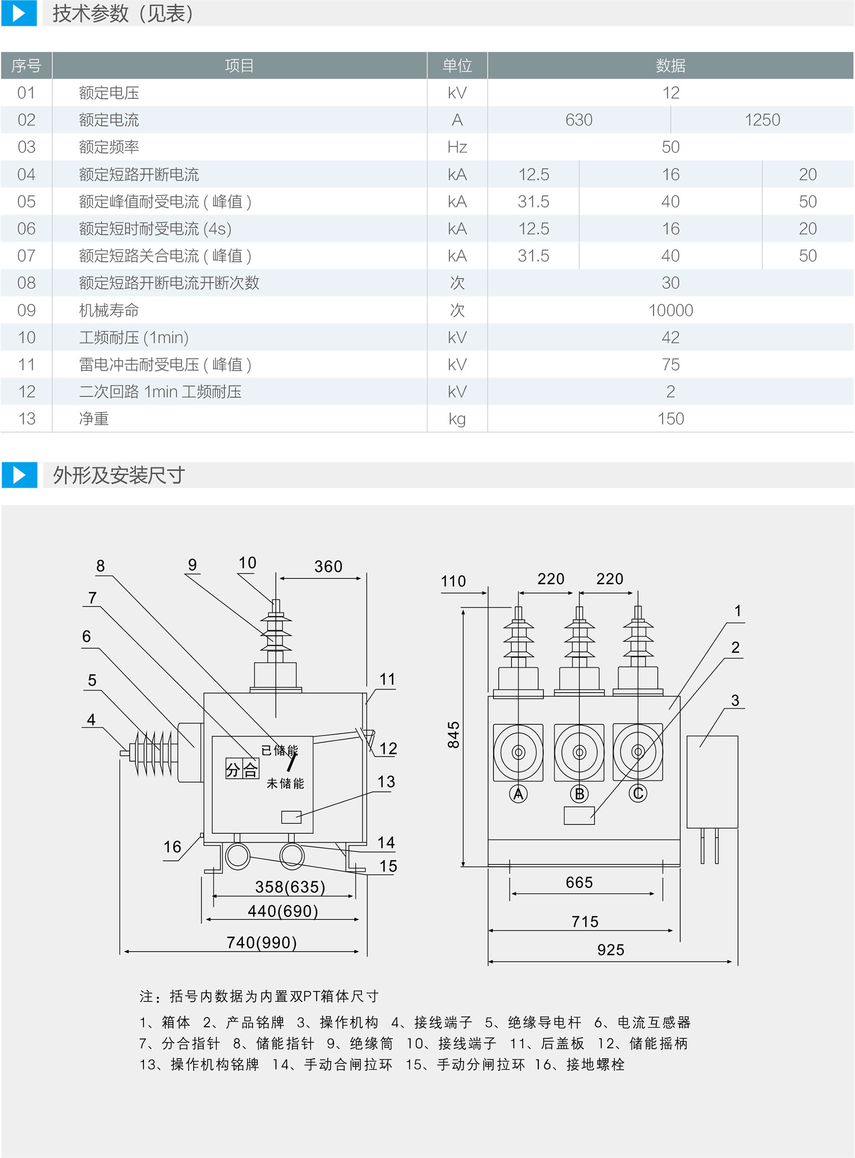 主要技术参数及外形安装尺寸图