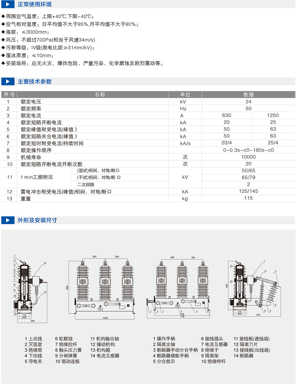 主要技术参数及外形安装尺寸图