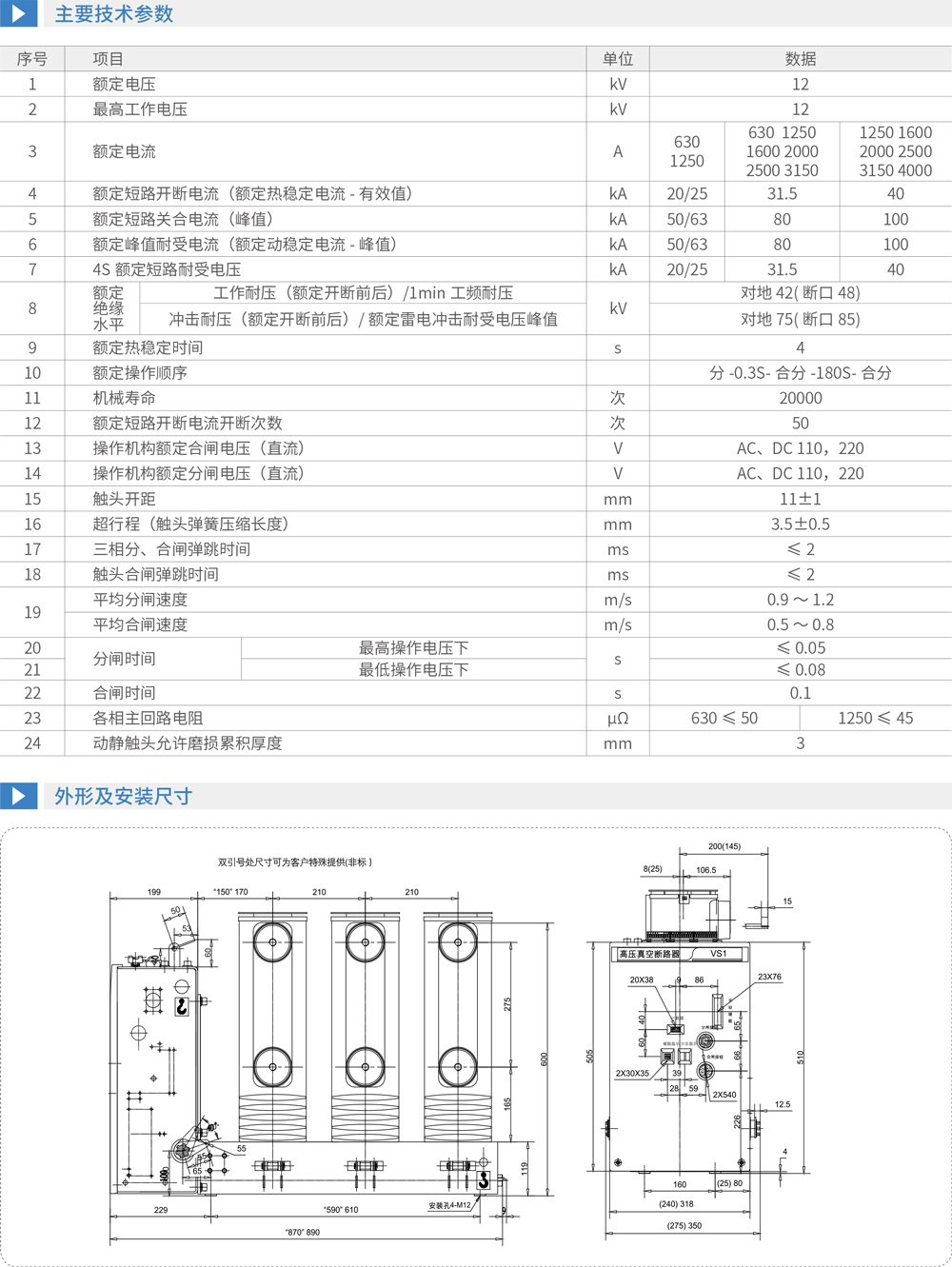 主要技术参数及外形安装尺寸图
